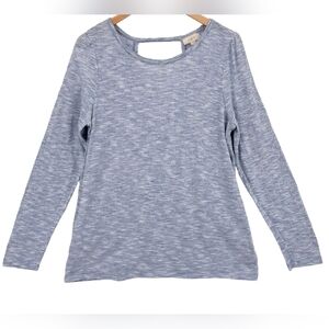 Blue Space Dye Long Sleeve Keyhole Wrap Back Pullover